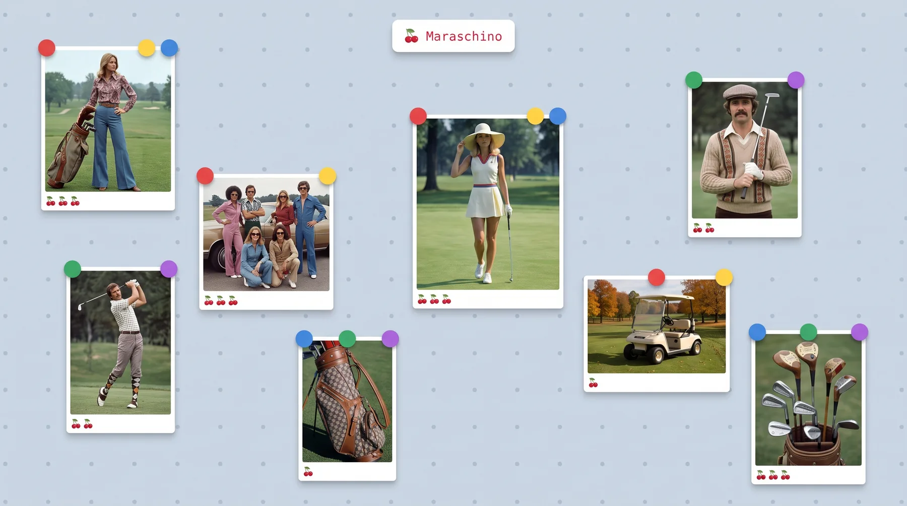 An early board mockup: vintage golf references in polaroid frames with colored pins on the pale blue dot grid, the Maraschino pill at the top.