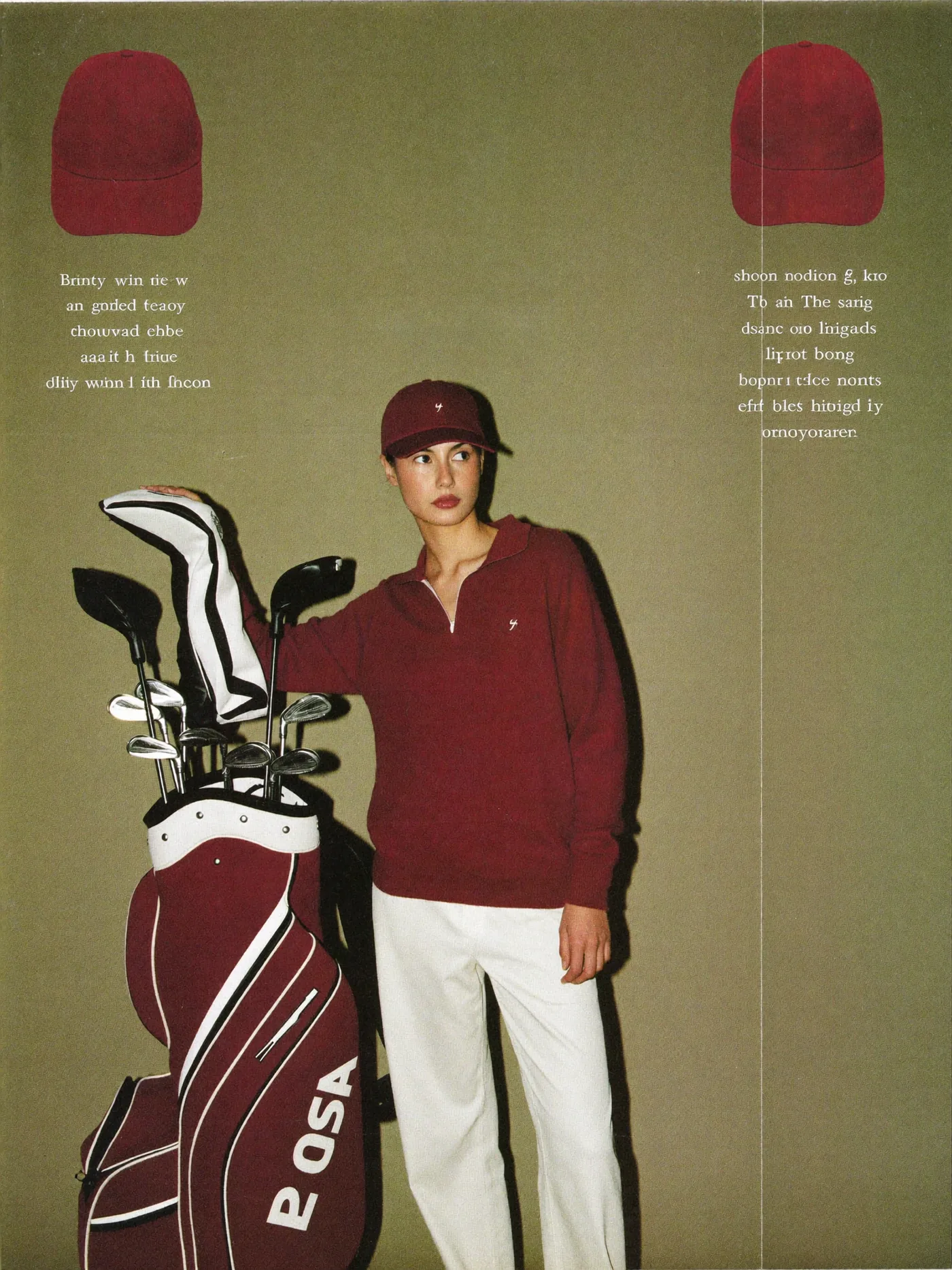 Generated still: a woman in a maroon sweater and cap beside a golf bag against an olive studio wall, styled as a vintage magazine spread.