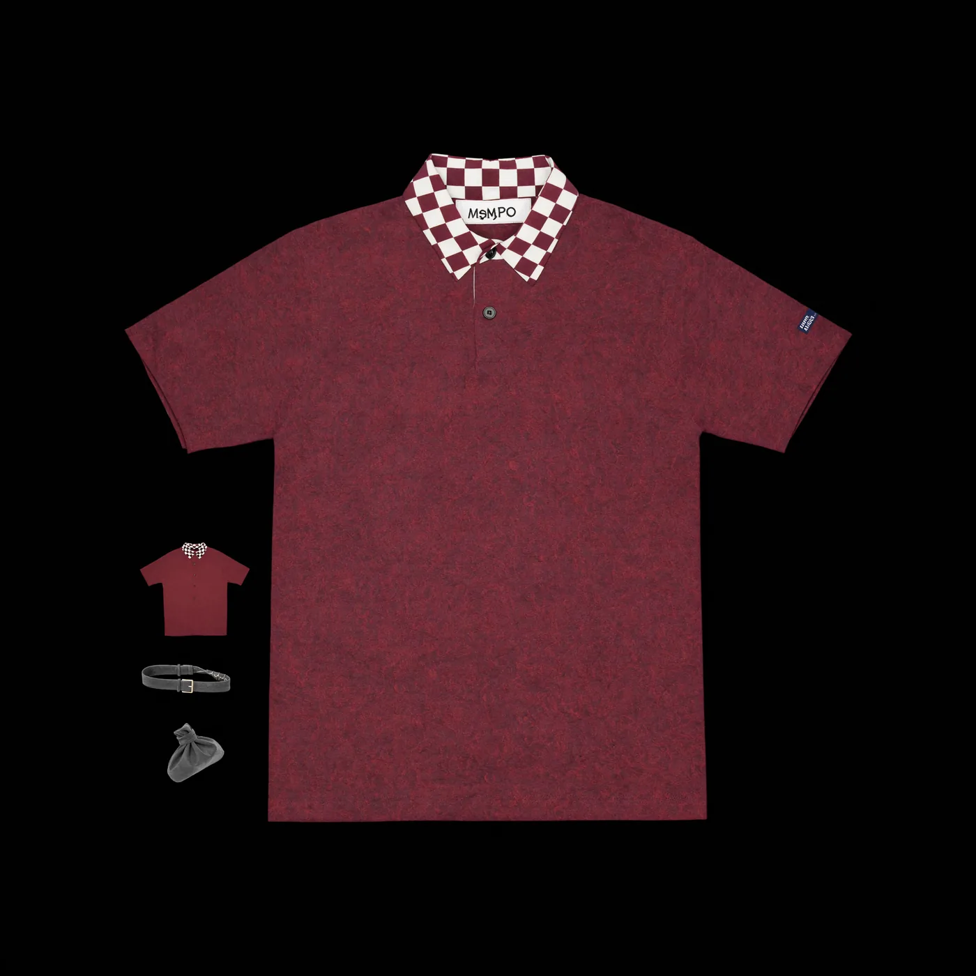Generated still: a flat product shot of a maroon polo with a checkered collar on black, with a small cap, socks and belt beside it.