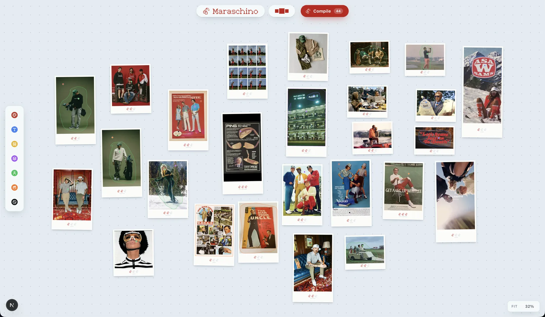 The Maraschino board: dozens of vintage golf and sportswear references in polaroid frames on a pale blue dot grid, colored pushpins on each, a seven-pin rail on the left and the Maraschino pill and Compile button on top.