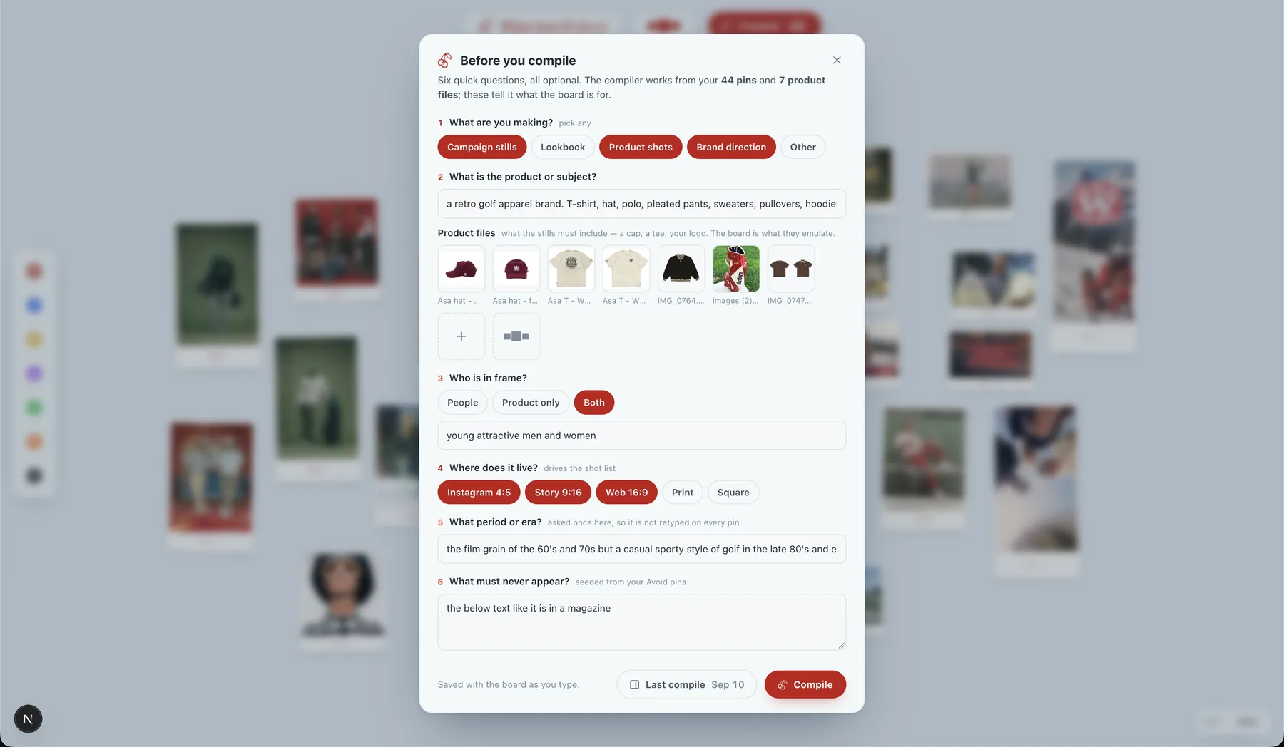 The 'Before you compile' card: chips for what you are making, a product description with a row of product file thumbnails (cap, tee, polos, sweater), who is in frame, aspect ratio options, the period, and what must never appear, with a red Compile button.