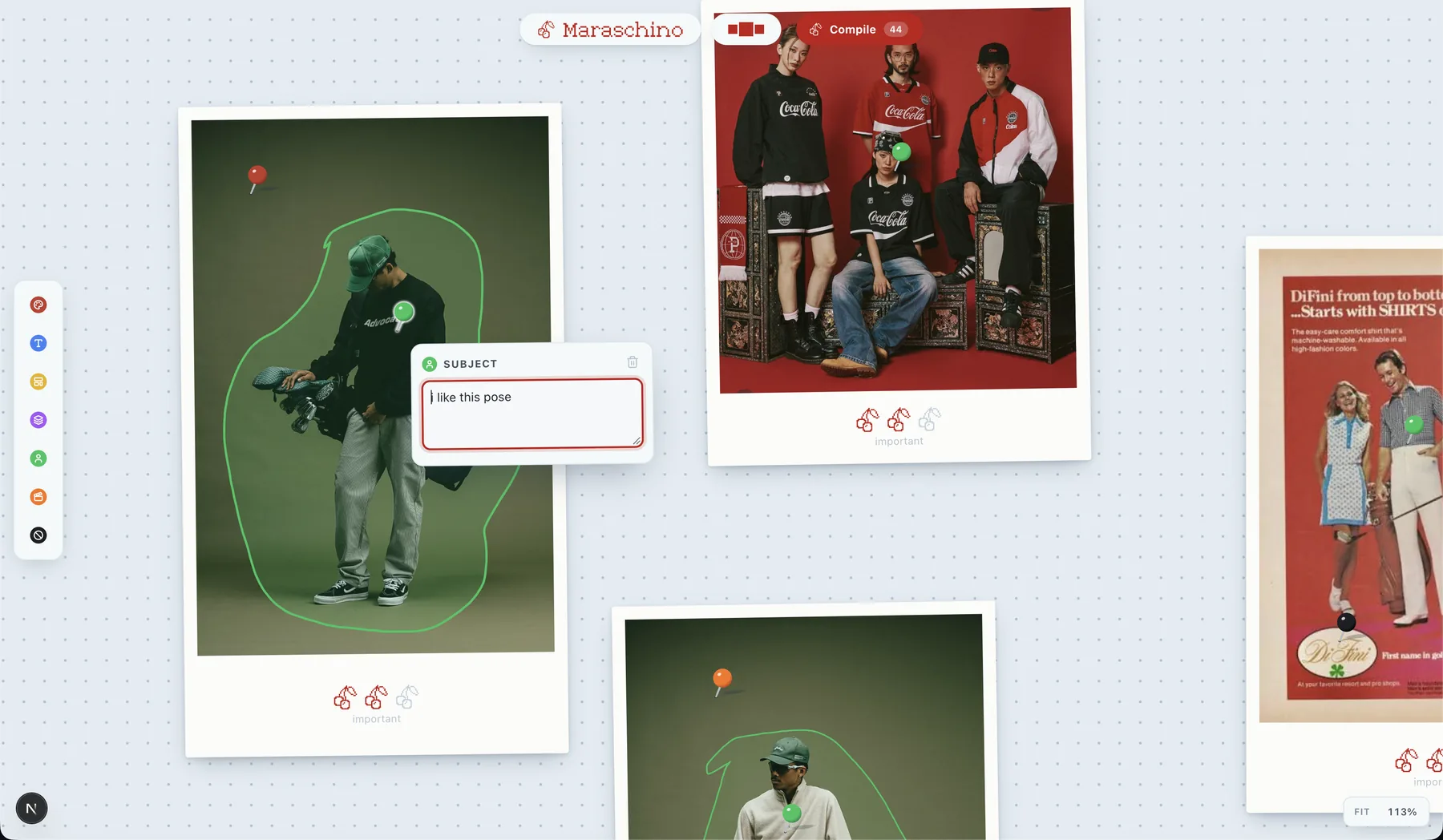 A Subject pin on a photo of a golfer in a green studio, with a green freehand lasso drawn around the figure and a small note popover reading 'I like this pose'.