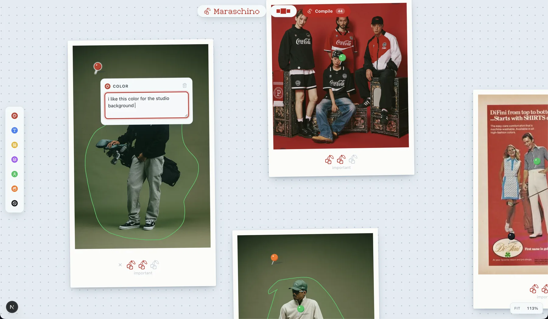 A red Color pin on the same green studio photo with a note popover reading 'I like this color for the studio background'.