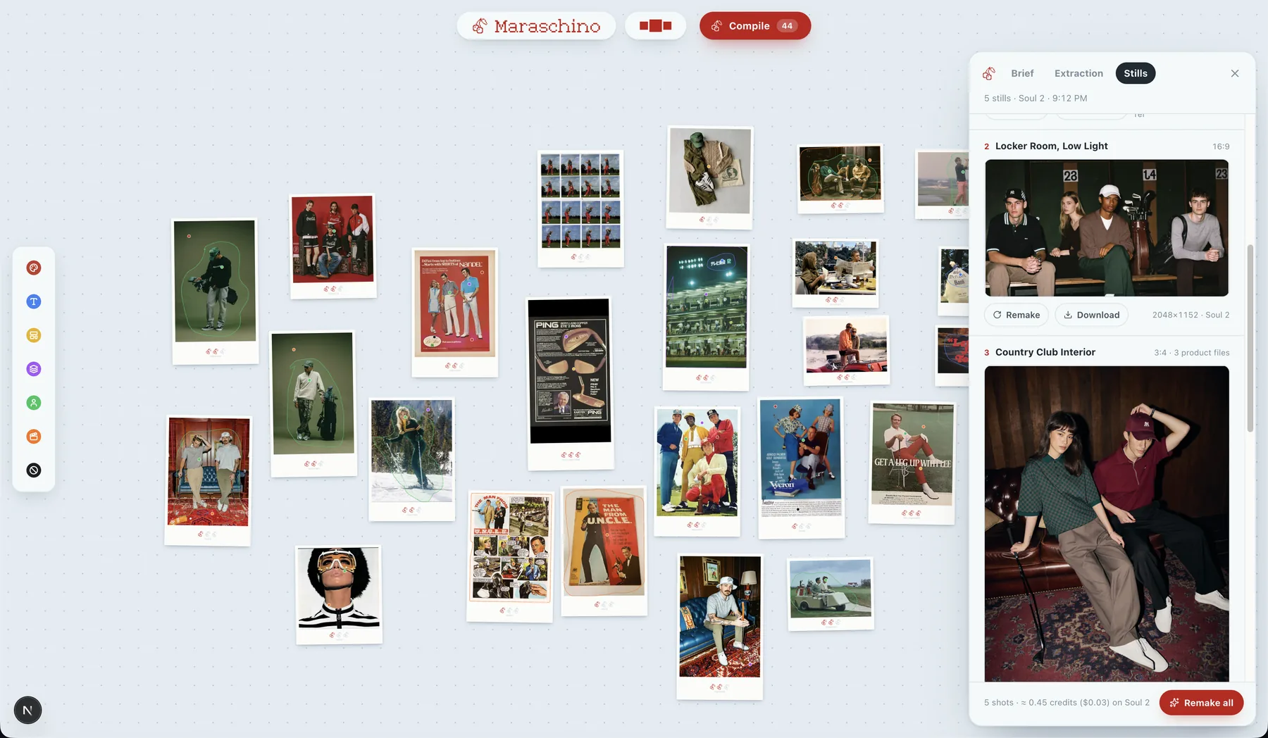 The Stills tab: generated photographs listed by shot, 'Locker Room, Low Light' and 'Country Club Interior', each with Remake and Download.