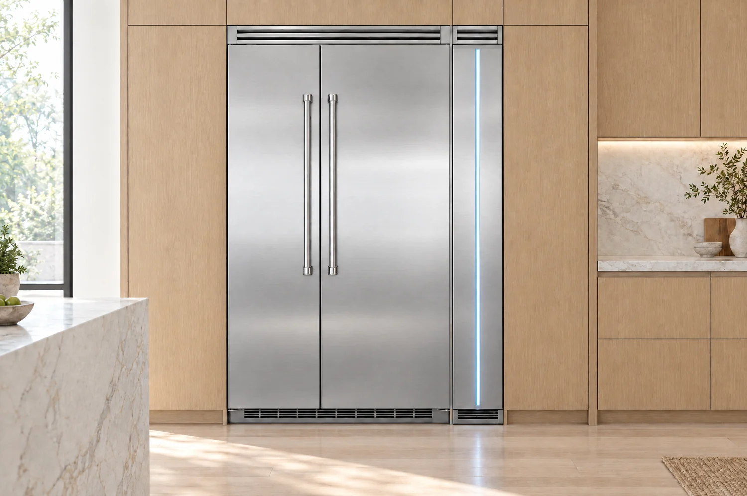 The stainless unit installed beside a full-height refrigerator in a bright light-wood kitchen
