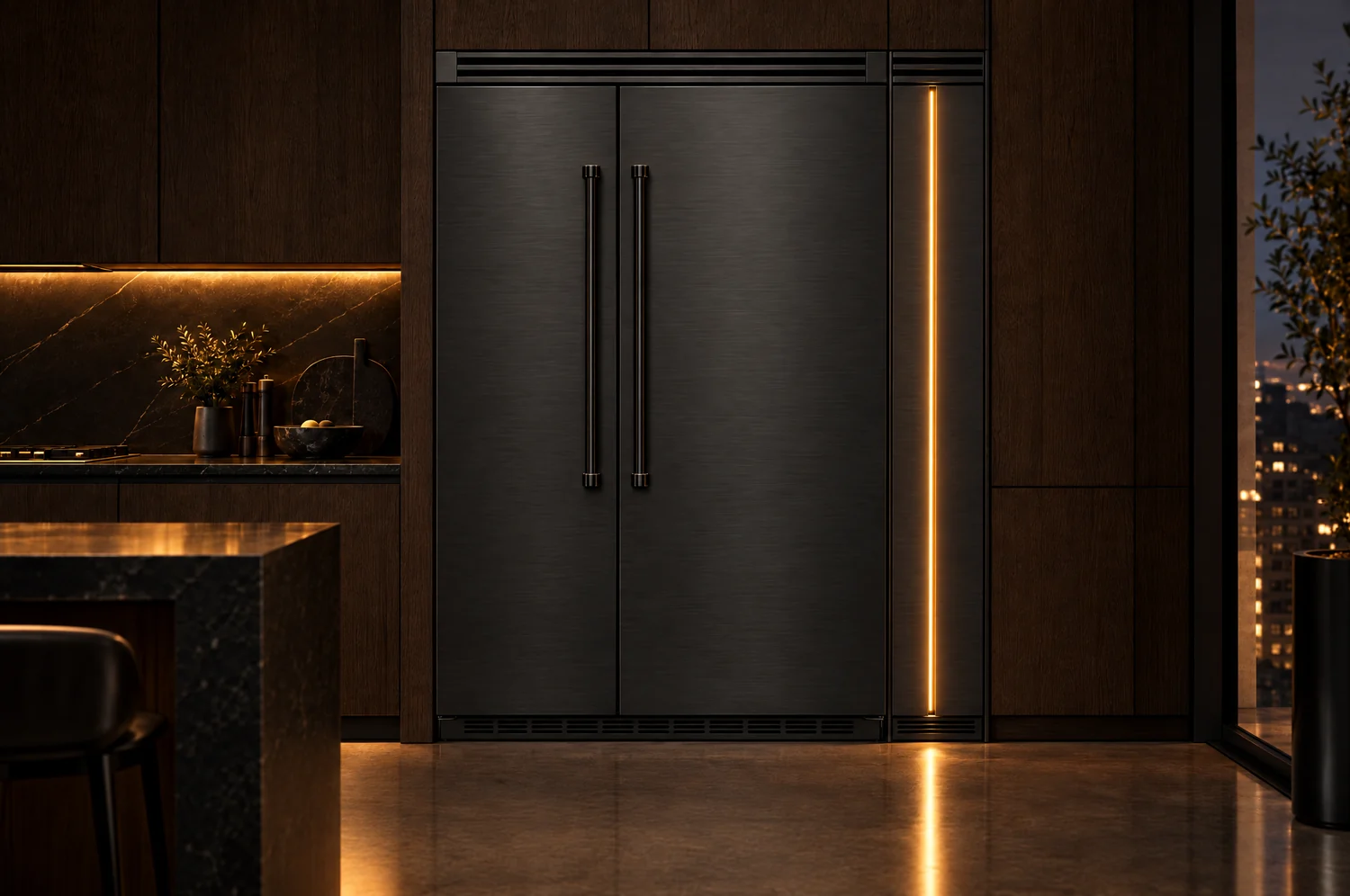 The graphite unit in a dark-wood kitchen at night, warm light tracing the door