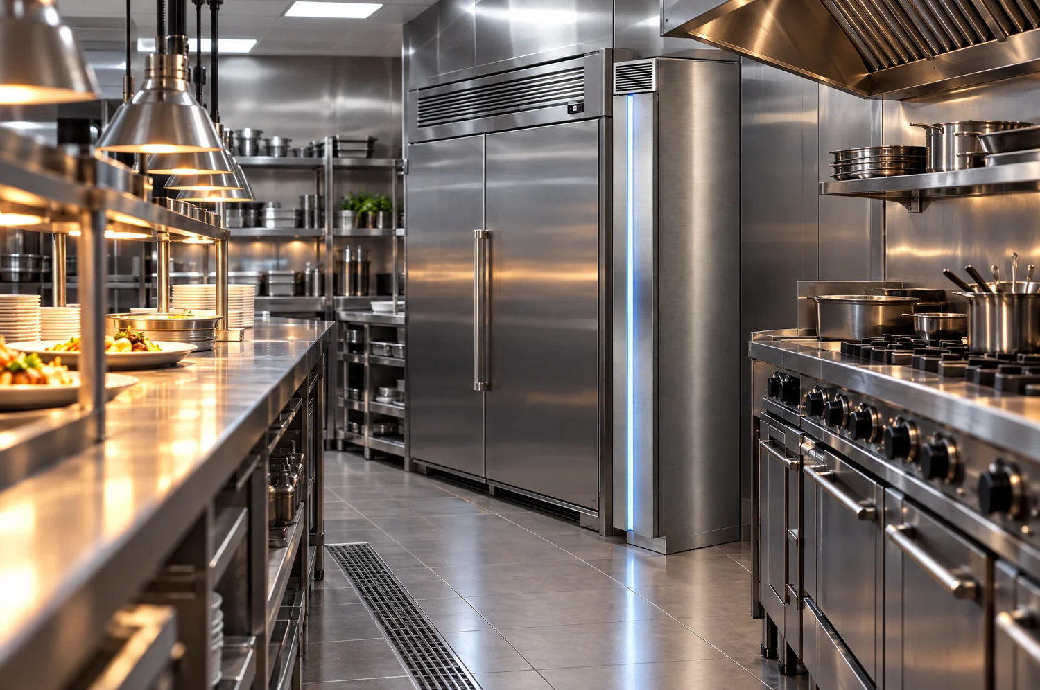 The stainless unit in a professional kitchen alongside commercial ranges
