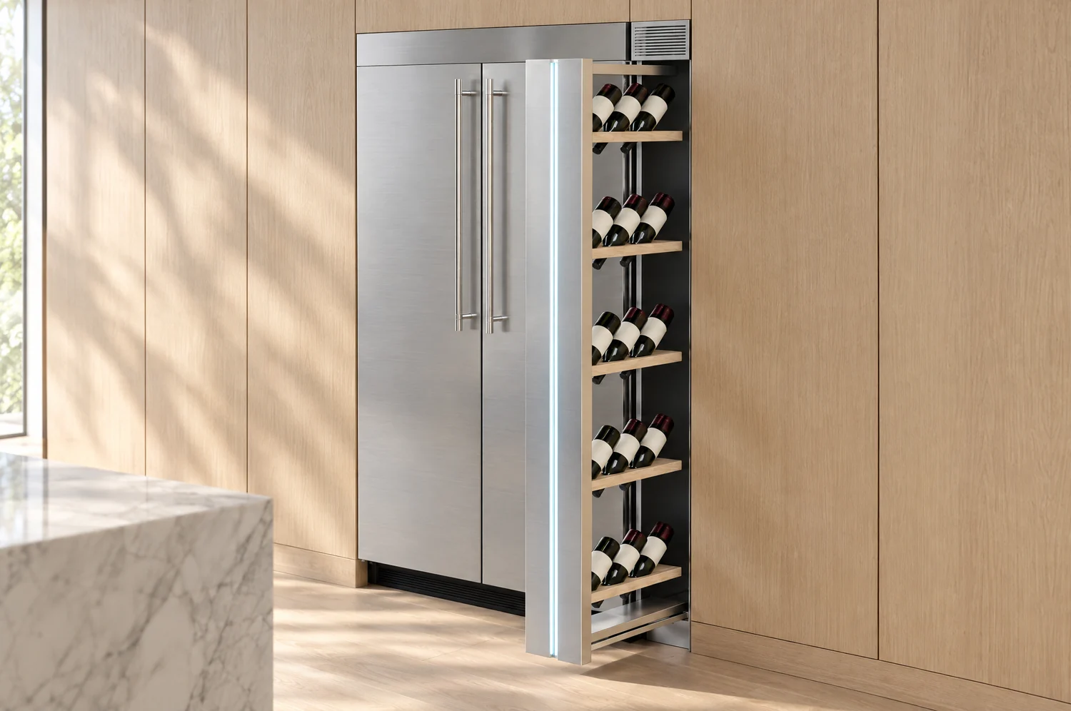 Rack pulled out in the bright light-wood kitchen, bottles on display
