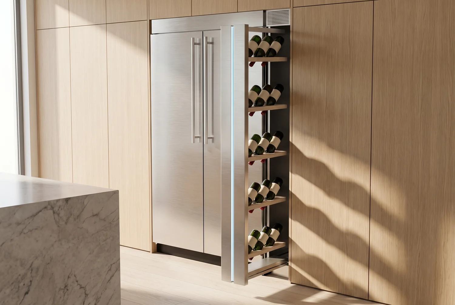 Another angle of the open rack in the bright kitchen, afternoon light across the cabinets