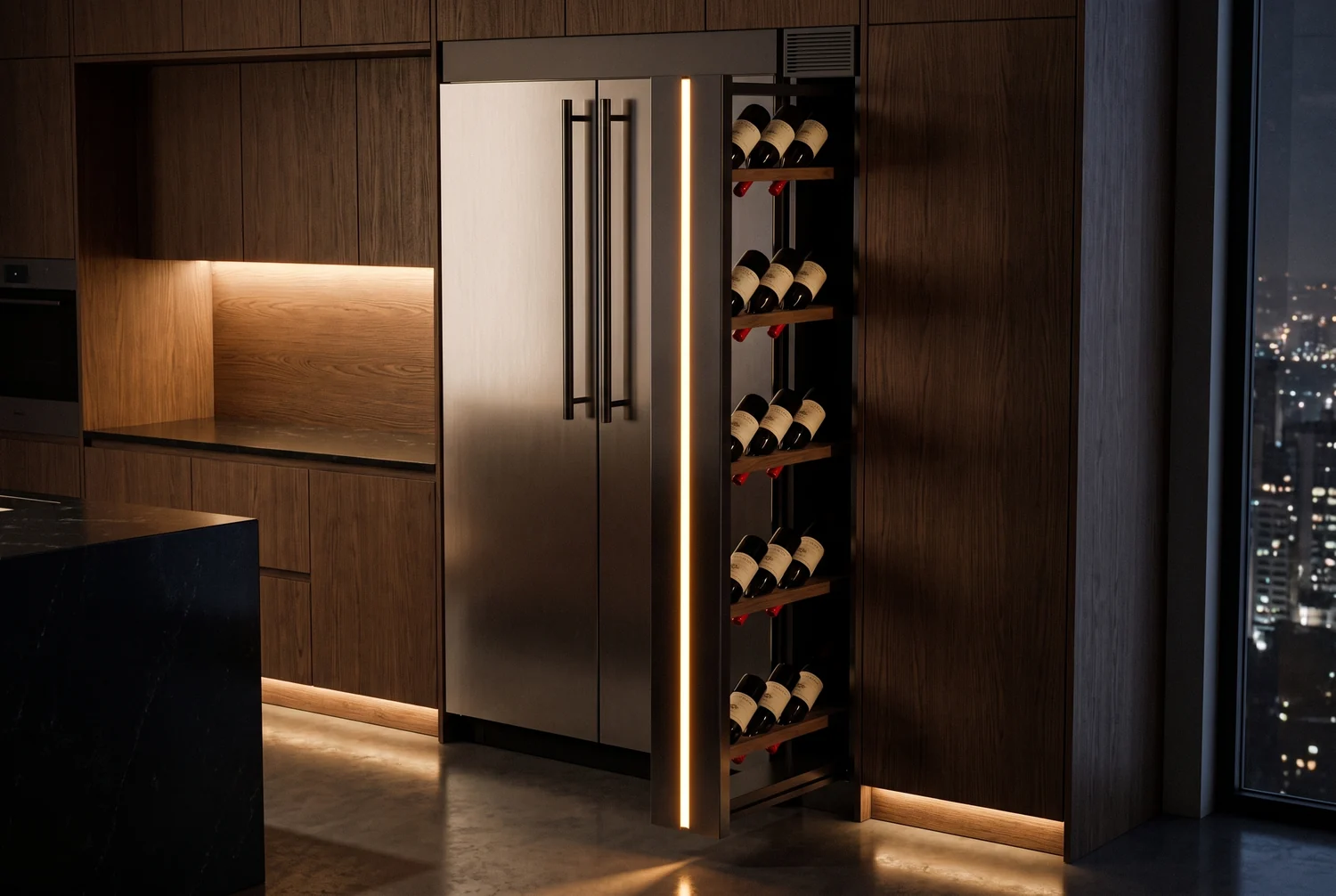Another angle of the open rack at night, warm light on the walnut shelves