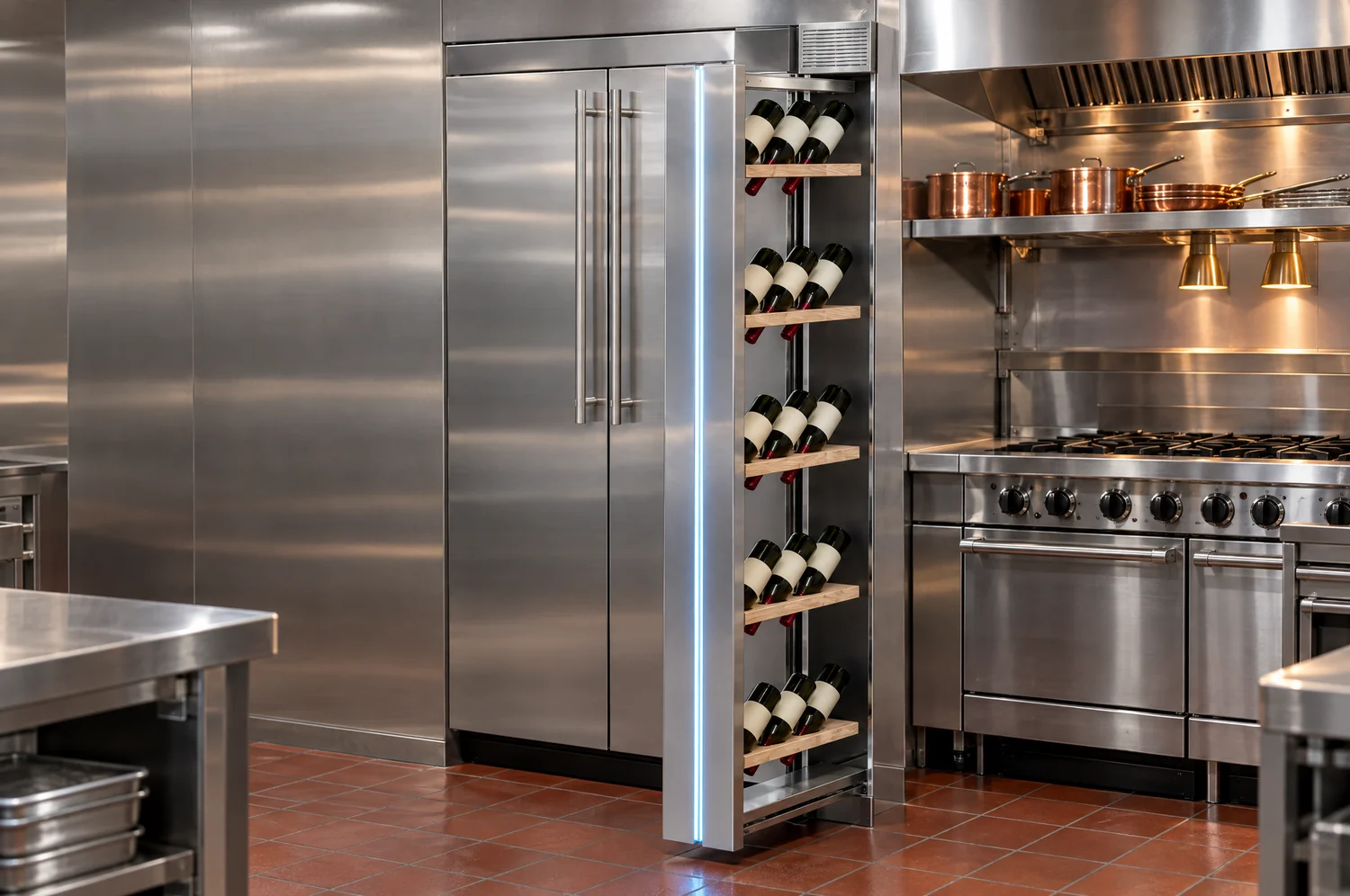 Rack pulled out in the professional kitchen beside the range
