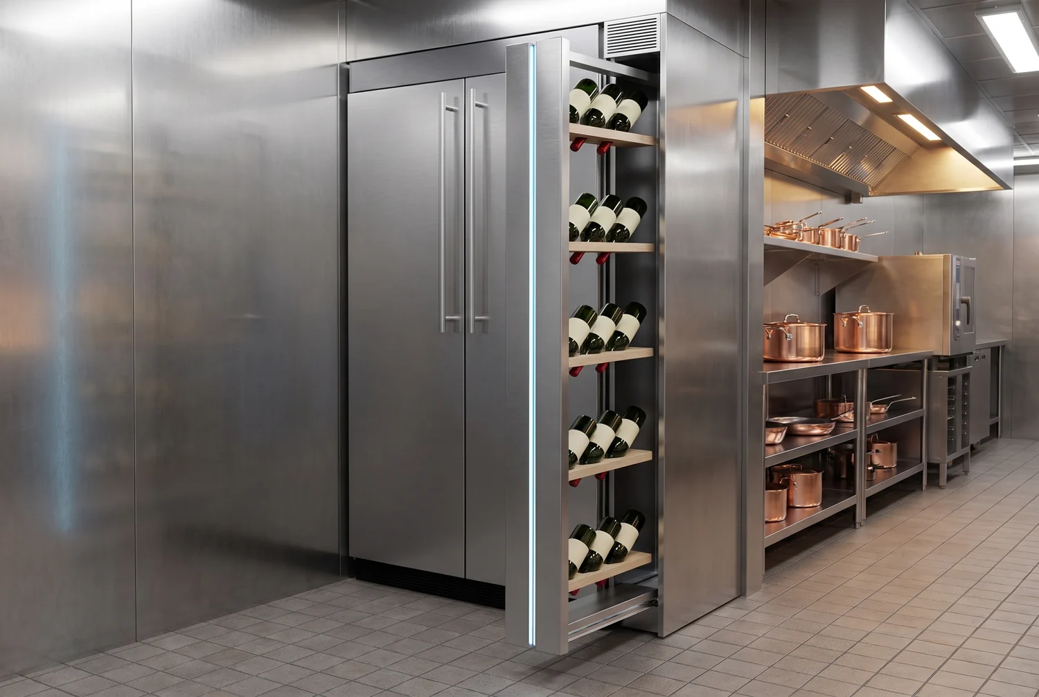 Another angle of the open rack in the professional kitchen, copper pans behind
