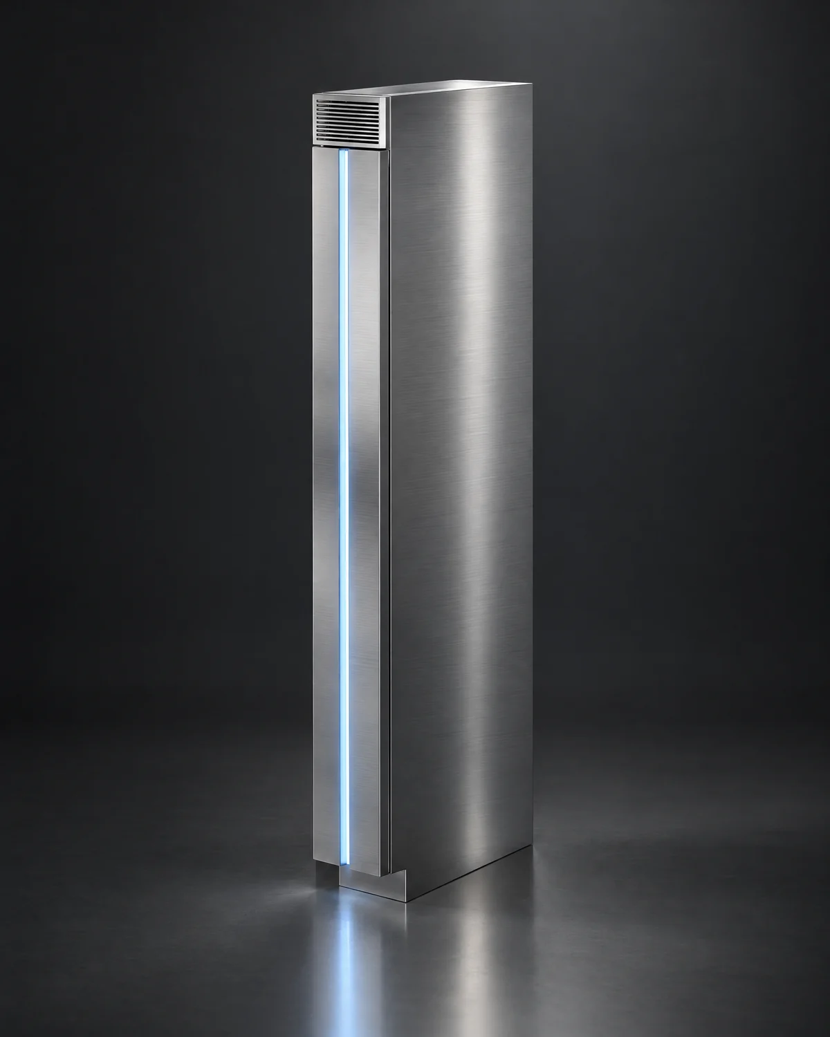 Wine refrigerator concept in brushed stainless, closed, a cool white light seam running down the door