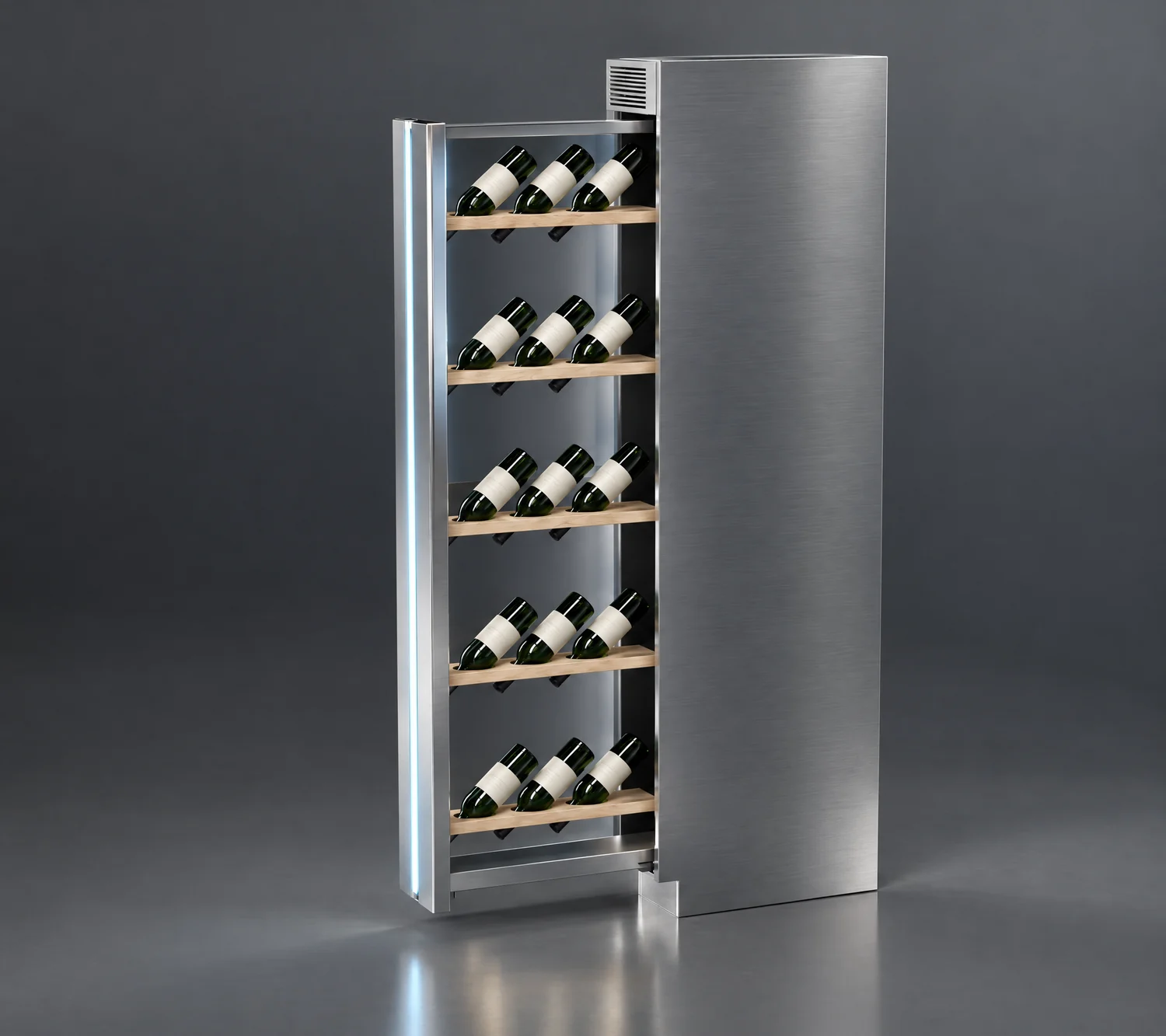 The brushed stainless unit with its rack pulled out, bottles resting on light oak shelves