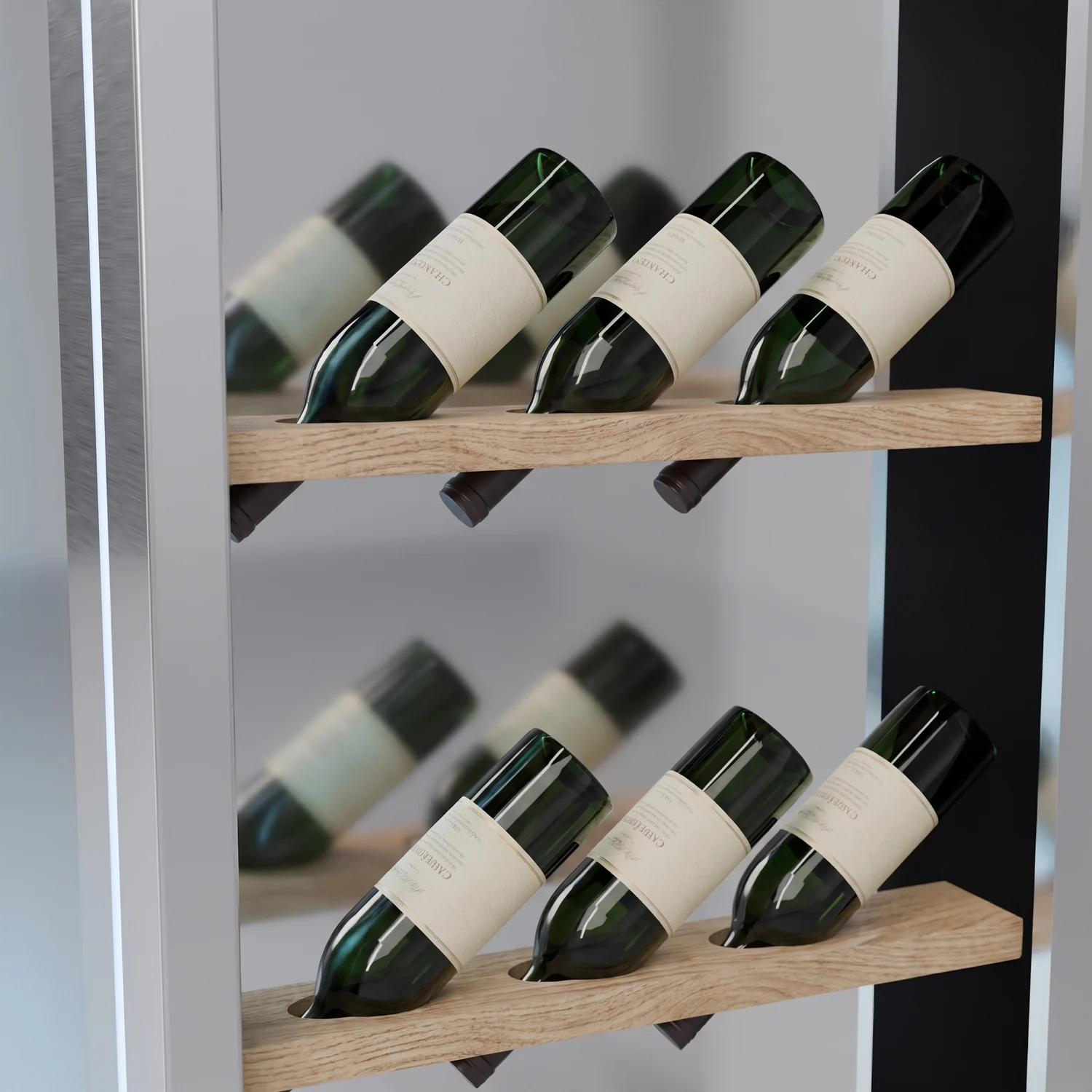 Close view of wine bottles lying on an oak shelf inside the stainless unit