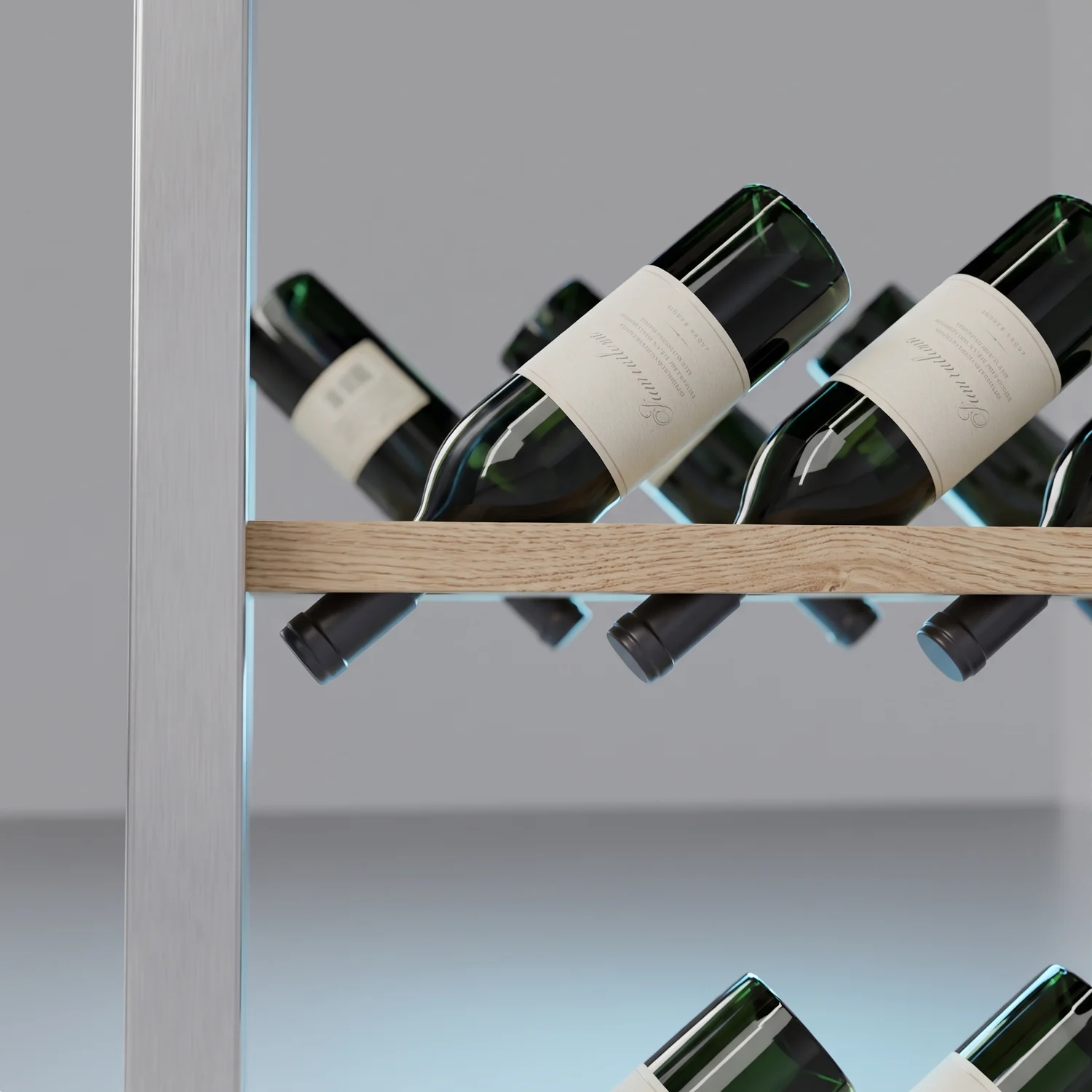 Bottle necks angled across the oak shelves under cool white light