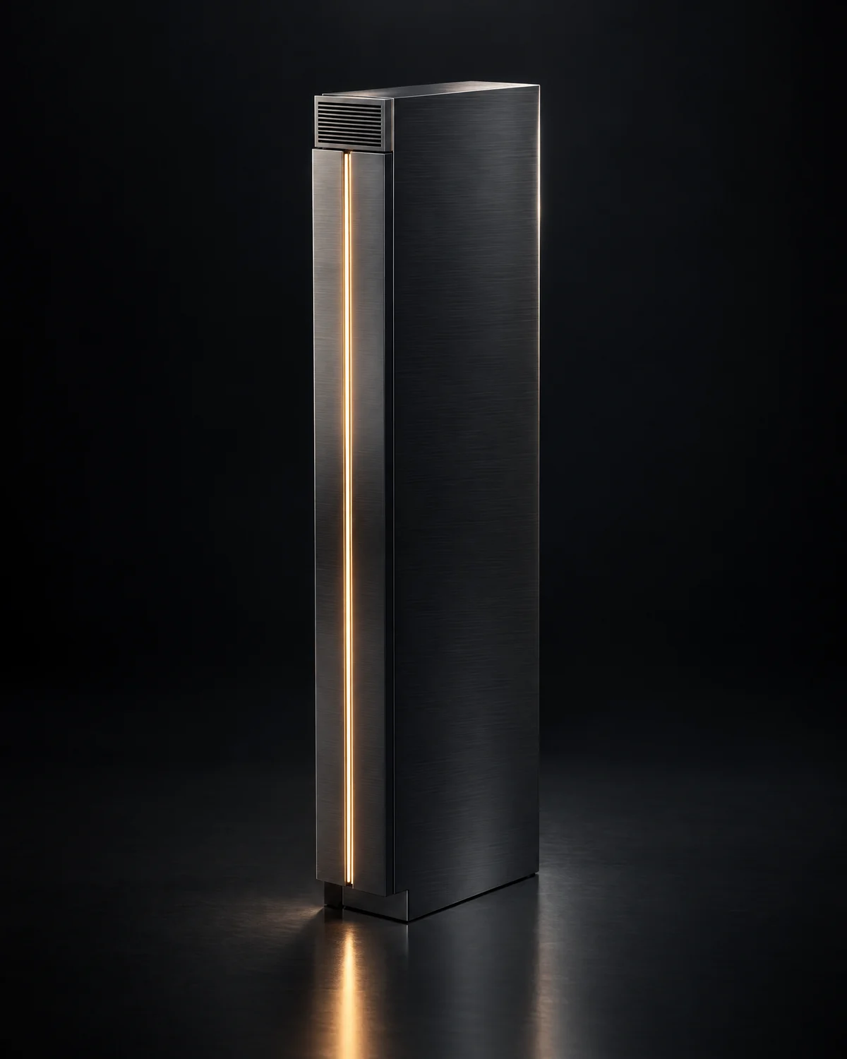 Wine refrigerator concept in graphite, closed, a warm amber light seam running down the door