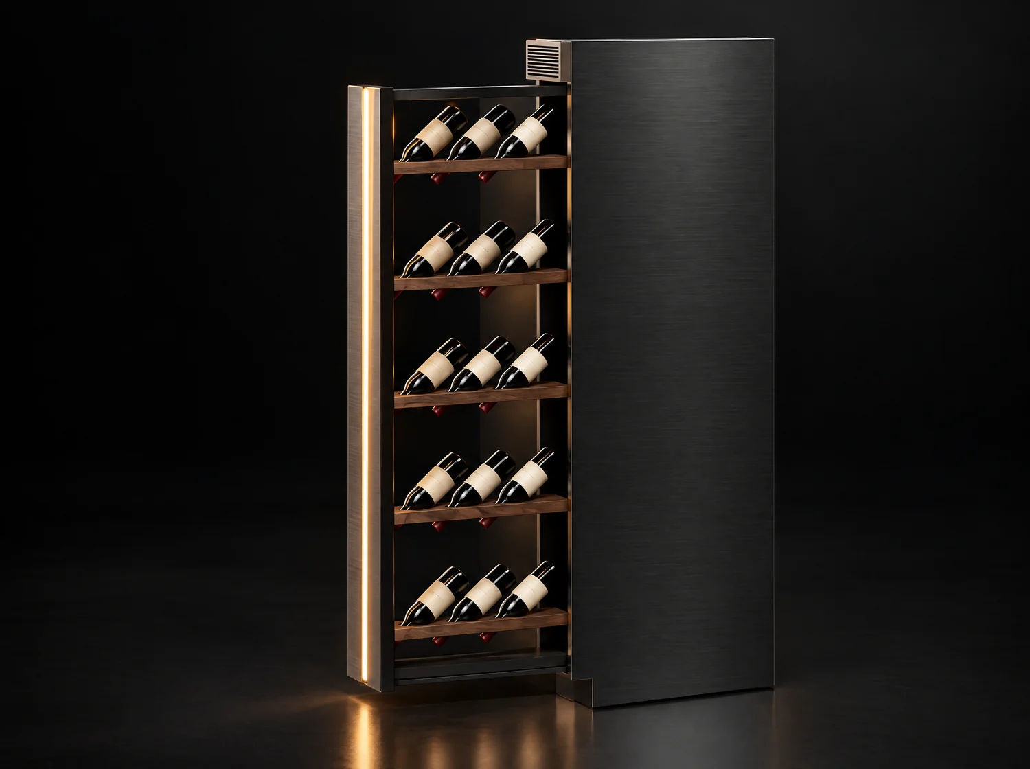 The graphite unit with its rack pulled out, bottles resting on walnut shelves