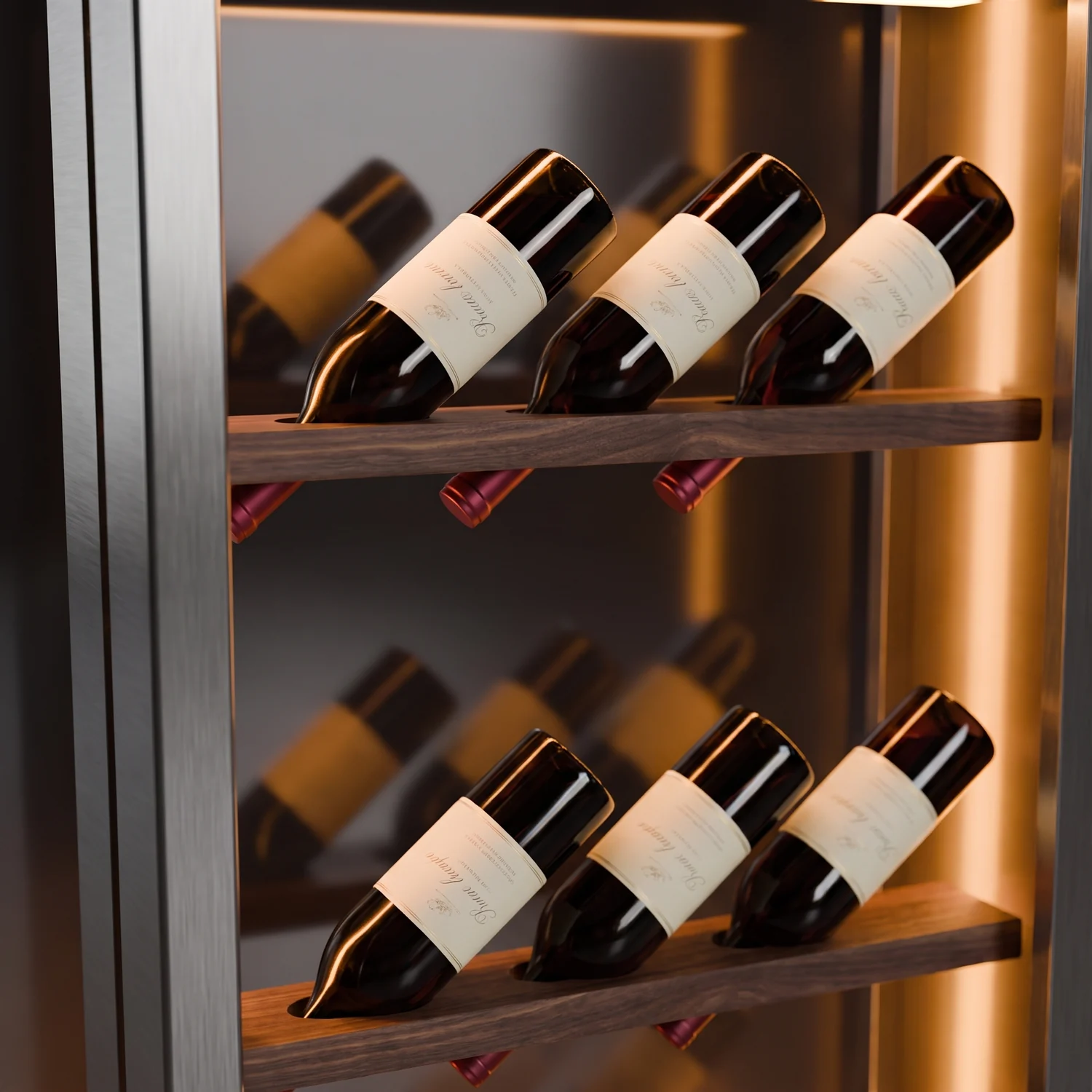 Close view of wine bottles lying on a walnut shelf inside the graphite unit