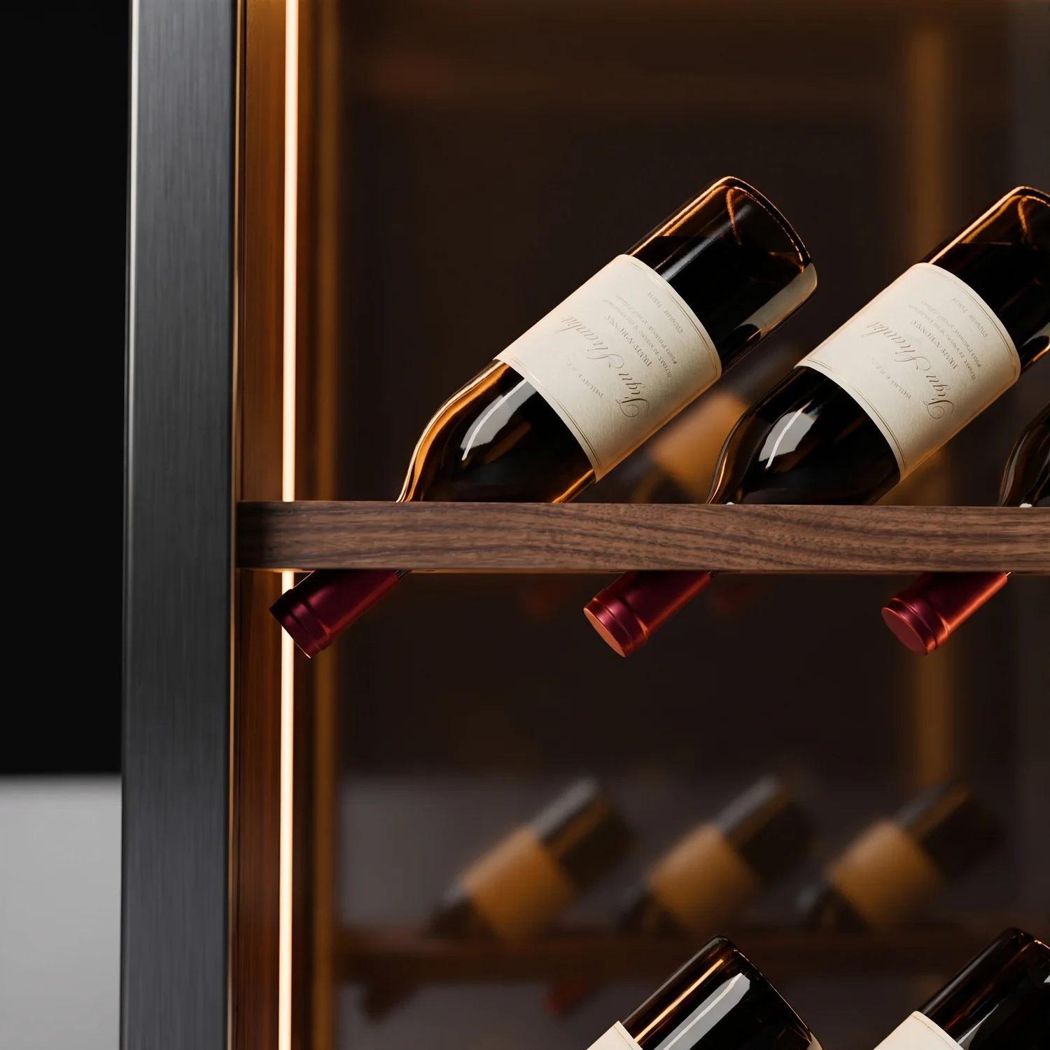 Bottle necks angled across the walnut shelves under warm amber light